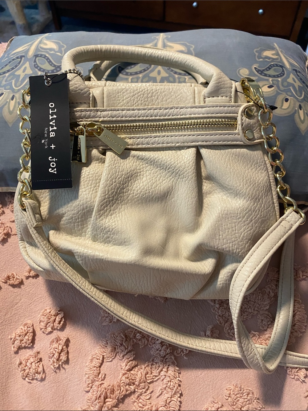 olivia + joy Cream Textured Faux Leather Crossbody with Gold Chain